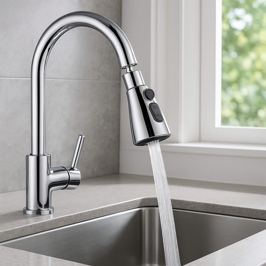 A modern kitchen sink with the 3 Modes Kitchen Sink Faucet installed, showcasing its sleek design and 360° swivel head, with water flowing in stream mode, bright natural lighting.