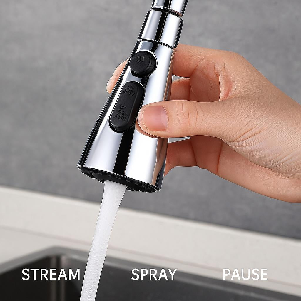 Close-up of the faucet's handle adjusting between the three water modes—stream, spray, and pause—with clear labels, set against a stylish, contemporary kitchen background.