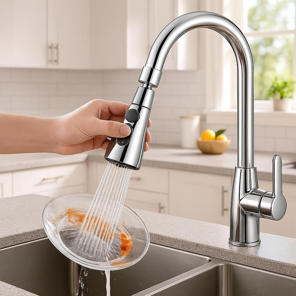 Lifestyle scene of the faucet in action, with a user switching between spray and stream modes while rinsing dishes in a bright, clean kitchen setting.
